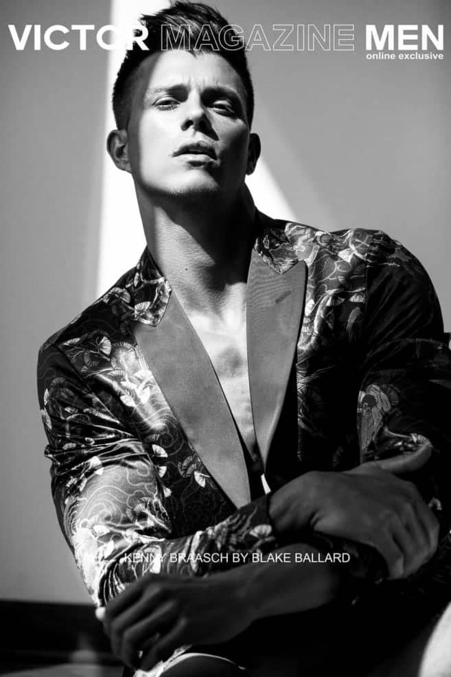 Kenny Braasch as the cover model of Victory Magazine Men's Online Exclusive issue wearing a printed jacket in black and white.  Photograghed by Blake Ballard.
