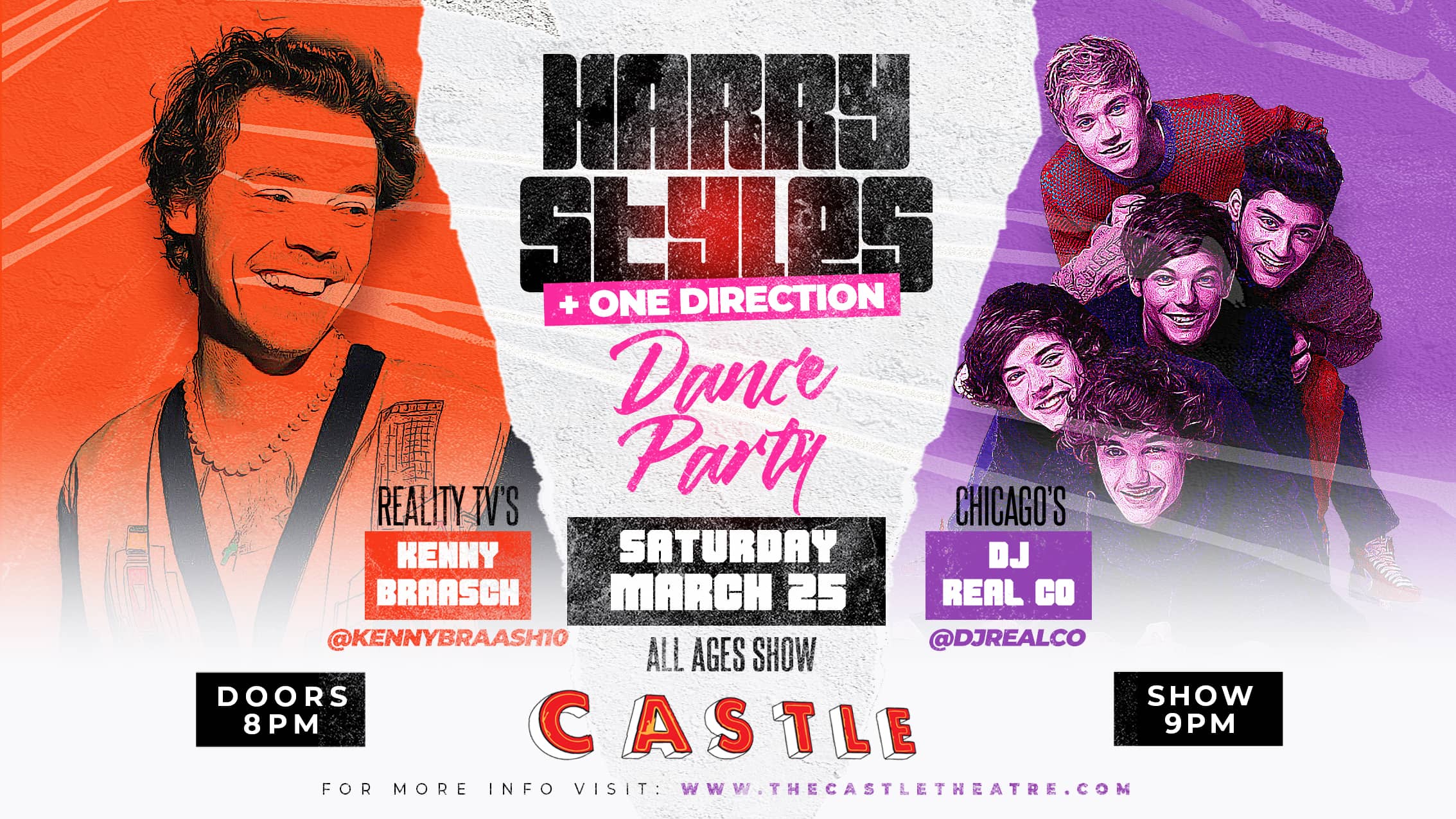 Poster for the Harry Styles Dance Party on Saturday March 25th at The Castle Theatre in Bloomington, IL.